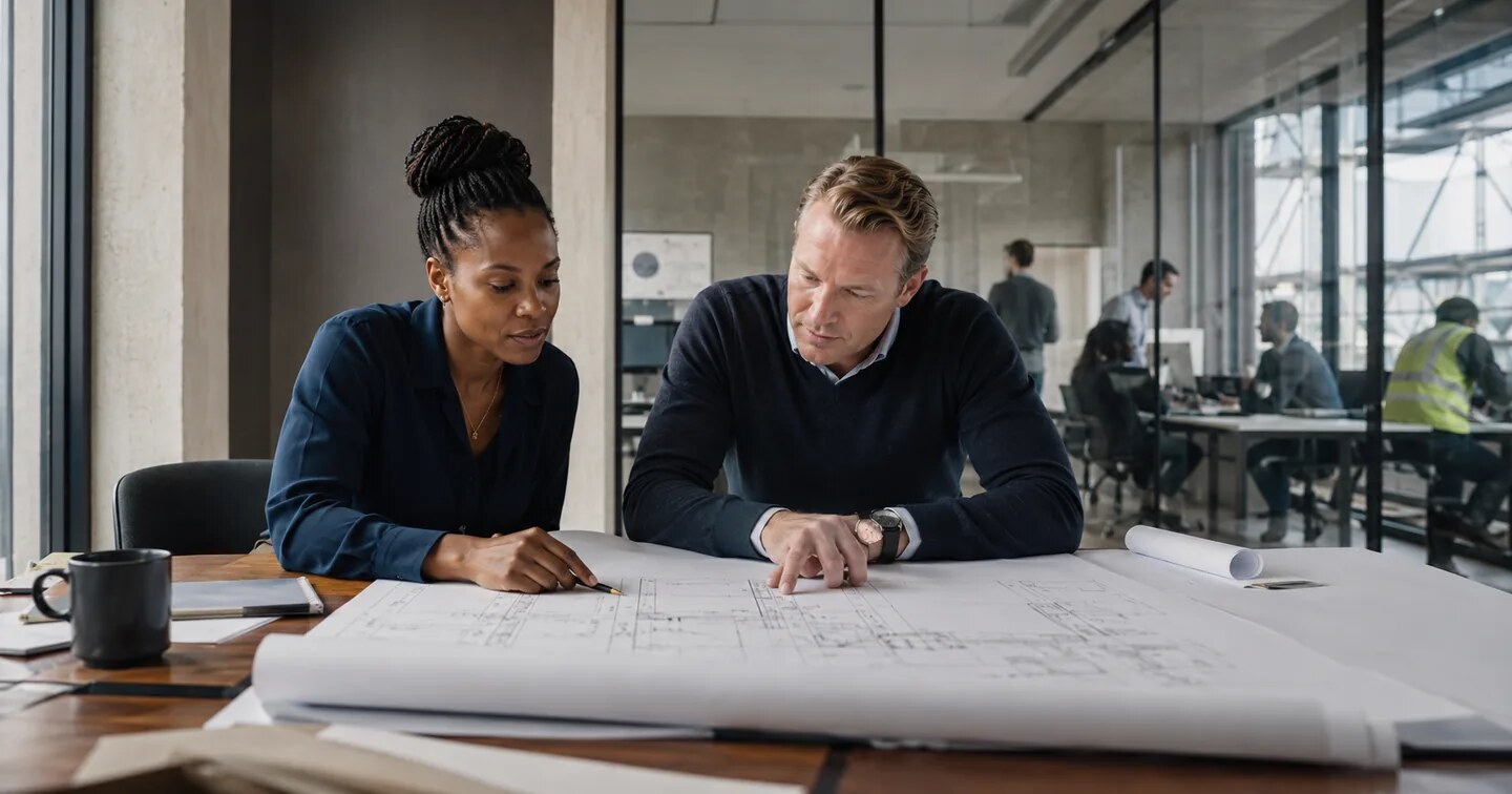 An engineering consultant and client project lead assessing work at a third-party project site