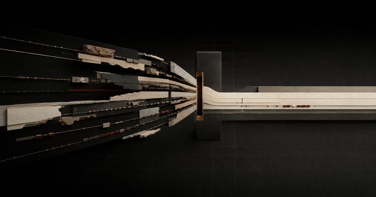 Abstract evidential architecture reconstructing fragmented records into a controlled route forward