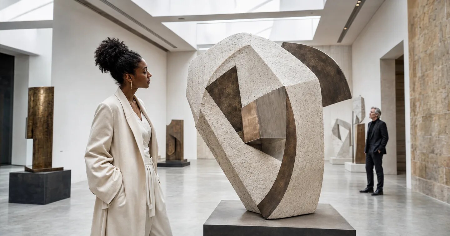 An internationally recognised sculptor examining her original work in a London gallery
